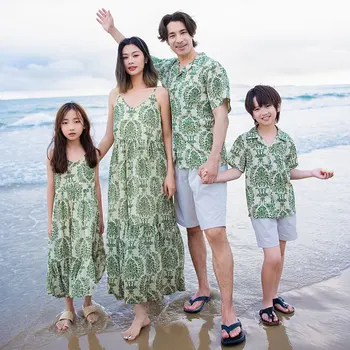  Семейный комплект Полинезийской одежды, Пляжное Платье в стиле Бохо для мамы и Дочки, Рубашки для отпуска для папы и Сына, Одинаковая одежда для папы и Мамы