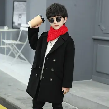  Двубортное утолщенное шерстяное пальто для мальчиков 5-13 лет, теплая версия средней длины в Корейском стиле Осень-зима 2023