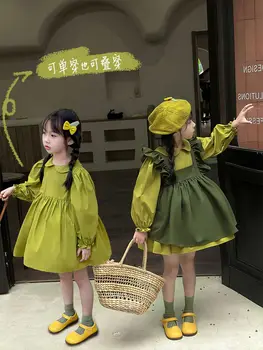  Комплект для девочек, весенне-осеннее зеленое платье принцессы с длинным рукавом, сарафан-комбинация, платье-жилет, 2 предмета, костюмы для малышей 3-8 лет, детские костюмы для малышей
