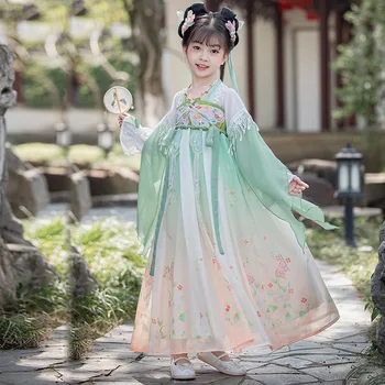  Шифоновое платье для девочек с вышивкой в китайском стиле, древний костюм династии Ханьфу Тан, юбка Легкая, Тонкая, дышащая, Весна, Лето, осень