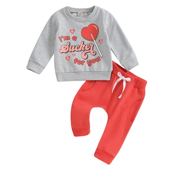  Одежда Для малышей, маленьких девочек и мальчиков на День Святого Валентина, толстовка с длинными рукавами и надписью, штаны для бега трусцой, осенне-зимняя одежда