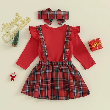  Рождественская юбка для новорожденных девочек, Комплекты из 3 предметов, комбинезон с длинными рукавами и оборками на плечах, рубашка на подтяжках, пледы-пачки с оленями,