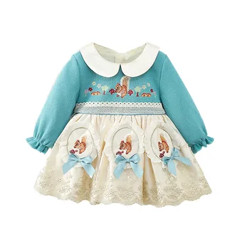 Зимние детские платья с отложным воротником для маленьких детей, элегантное платье принцессы, одежда для девочек синего цвета от 0 до 4 лет