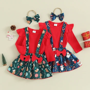  Наряд для маленьких девочек Рождественский комбинезон с длинными рукавами и юбка на подтяжках с принтом, повязка на голову, милая одежда для малышей