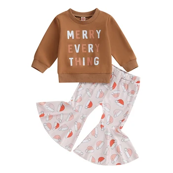  Комплект одежды с расклешенными брюками для маленьких девочек, комбинезон с надписью 
