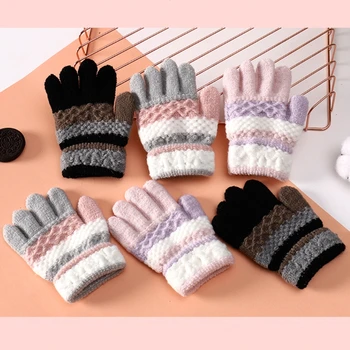  KLV, 1 Пара зимних теплых детских перчаток, Вязаная Шерстяная пряжа, Детские варежки с полными пальцами, Ветрозащитные перчатки в полоску для девочек и мальчиков