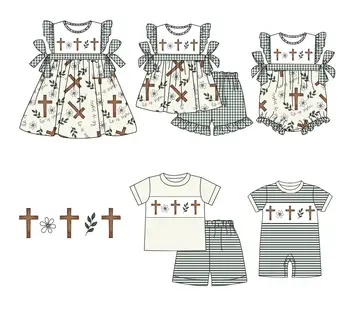  Пасхальный костюм брата и сестры, детская летняя одежда, бутик одежды для малышей, комплект с крестовым принтом, комбинезон, модная детская одежда