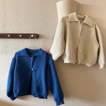  2023 Осенняя Новая Корейская Детская одежда, Детский свитер, пальто для мальчиков и Девочек, Однотонный Вязаный Кардиган с лацканами