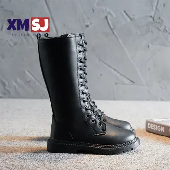  Зимние ботинки для девочек До колена на шнуровке в стиле панк, Детские ботинки на молнии, Черные, Белые, 27-37, Стильная Универсальная детская обувь из искусственной кожи