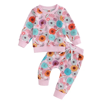  Комплект штанов для новорожденных, толстовка с цветочным принтом для маленьких мальчиков и девочек, штаны с эластичной резинкой на талии, костюмы с брюками для младенцев из 2 предметов