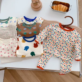  Осенняя домашняя одежда для новорожденных, Комплект одежды для мальчиков и девочек, Топы с длинными рукавами и цветочным принтом для мальчиков и девочек, 2 предмета, пижамный костюм, пижамы
