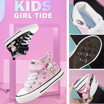  Парусиновая обувь Hello Kitty для девочек, высокие кроссовки для женщин, летняя повседневная обувь для катания на доске, модная милая уличная женская обувь для скейтборда