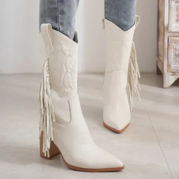  Женские модные ковбойские сапоги с белой вышивкой, осенние сапоги до колена из искусственной кожи, женские ботинки в западном стиле с острым носком на квадратном каблуке