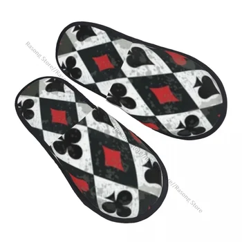  Зимние Женские Мужские нескользящие тапочки на плоской подошве с абстрактными игральными картами, мягкая теплая обувь на меху для помещений