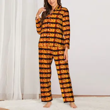  Пижамный комплект с принтом тыквы, Счастливый Хэллоуин, Кавайная пижама, женский повседневный домашний костюм из двух частей с длинным рукавом, Большой размер XL 2XL
