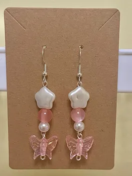  Висячие серьги-бабочки с розовым кораллом y2k и жемчугом ручной работы | Серьги-сердечники coquette Fairy Fairy Tale