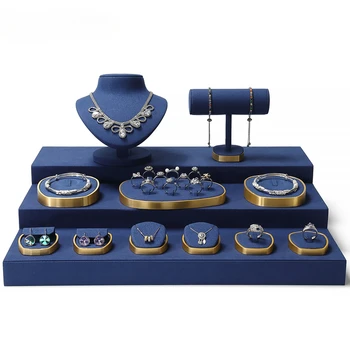  Подставки для показа ювелирных изделий из металла из синей микрофибры, легкие роскошные ожерелья, кольца, серьги, стеллаж для выставки товаров, стойка для показа ювелирных изделий