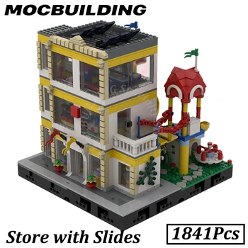  Магазин со слайдами, Городскими модульными зданиями, строительными блоками MOC, кирпичными игрушками, строительным подарком, Рождественским подарком на День рождения