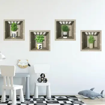  Наклейка Для Украшения Двери Современные 3D Растения В Горшках Набор Настенных Наклеек для Украшения Комнаты Спальни Водонепроницаемый ПВХ Съемный Зеленый
