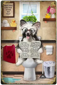  Металлическая жестяная вывеска Шотландская овчарка Читает газету в туалете Кафе Ресторан Туалет Ванная комната Художественное оформление стен спальни
