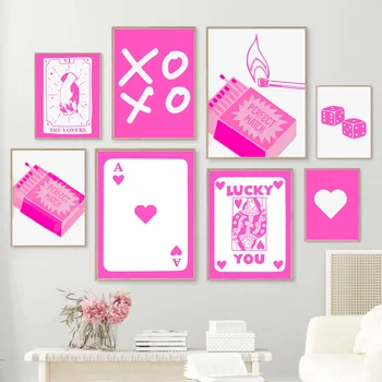  Розовый Модный Ретро Настенный арт Покер Y2k Печать плаката Эстетичный Lucky You Забавное искусство Минималистичная картина на холсте Домашний декор комнаты для девочек