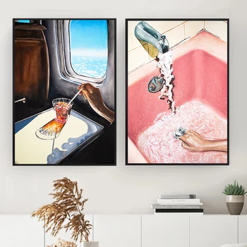  Художественная печать на стекле в самолете, ретро-плакат с изображением безумцев середины века, Винтажная розовая картина на стене ванной комнаты для гостиной Decpr