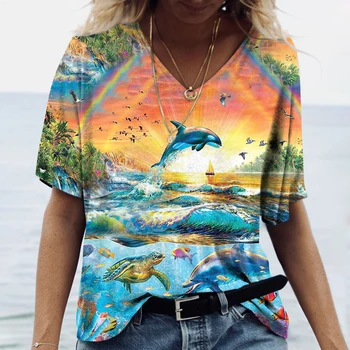  2023 Модные женские футболки, летняя одежда с изображением океанских животных, топы с V-образным вырезом и коротким рукавом, футболки для девочек 5xl, женская одежда