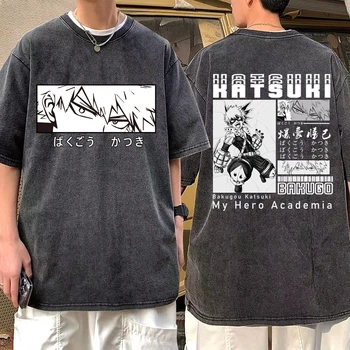  Японская футболка My Hero Academia Bakugou Katsuki Anime Eye Shirt, Летняя футболка, Американская потертая застиранная ткань с коротким рукавом