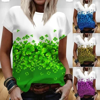  Летняя Женская Свободная Повседневная футболка большого размера, Модная футболка с принтом Счастливого четырехлистного Клевера, Топы, Летние топы 2XS-6XL