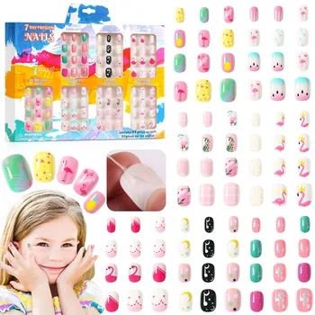  84шт Детские наклеиваемые на ногти Фламинго Накладные накладные ногти Полное покрытие Наклеиваемые на ногти детские наклейки для ногтей Декор накладных ногтей