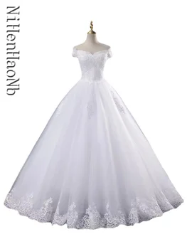  Бальное платье для новобрачных, свадебное платье с кружевной аппликацией, свадебное платье с открытыми плечами, свадебное платье на шнуровке большого размера, свадебное платье для новобрачных