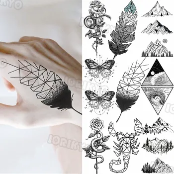  Геометрический лист, Маленькие временные татуировки для женщин, мужчин, Змея, Бабочка, Цветок, Гора, Поддельная татуировка, Наклейка, Руки, Ноги, Татуировки, Шарм