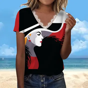  Женская футболка Modern Girl Кружевная Модная Повседневная Футболка С V-образным вырезом и Коротким рукавом Harajuku, Летняя Футболка Harajuku, Уличная Одежда, Топы, пуловер 2023