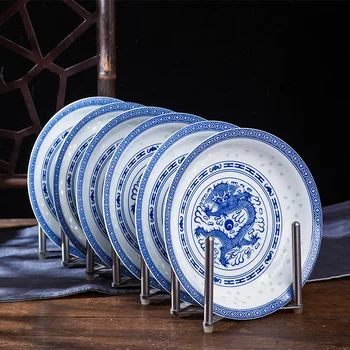  Китайские 8-дюймовые бело-голубые фарфоровые обеденные тарелки Керамическая Винтажная тарелка с Драконом Кухонная Круглая Посуда Бытовой Поднос для еды