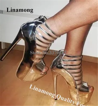  Linamong, Сексуальный открытый носок, Серебристая лакированная кожа, Босоножки на высокой платформе и шпильке, Тонкие ремешки, босоножки на высоком каблуке с перекрестной молнией.