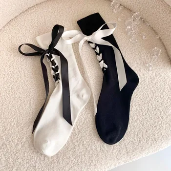  Весенне-летние носки с нишевым дизайном в стиле балеткор с бантом из ленты, женские носки средней длины с наборными носками на завязках Tide
