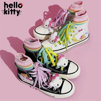  Парусиновая обувь Hello Kitty, детские повседневные кроссовки, кавайная женская уличная вулканизированная обувь, обувь для скейтборда с героями мультфильмов, подарки на день рождения