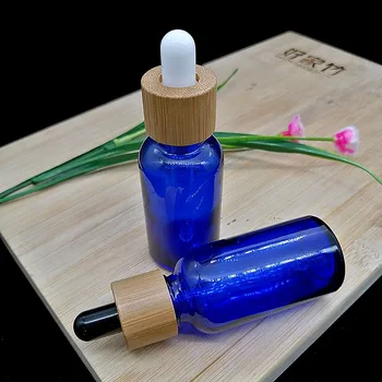  бутылка для лосьона 30 мл из синего стекла с матовой бутылкой-капельницей с бамбуковой крышкой