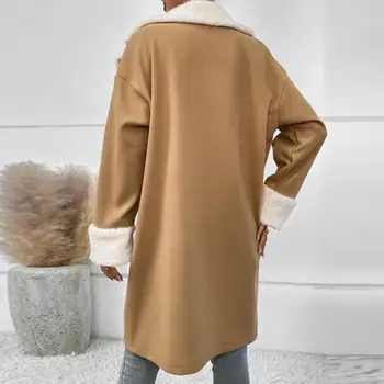  Стильная куртка с длинными рукавами Стильное женское двубортное пальто средней длины с плюшевым теплым воротником-стойкой на осень для