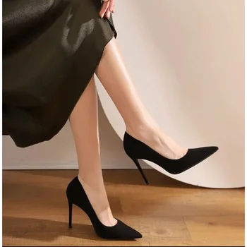  Новые замшевые женские туфли-лодочки на высоком каблуке, профессиональная рабочая обувь, черные пикантные вечерние черные свадебные туфли