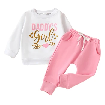  Одежда для маленьких девочек Толстовка Daddy's Girl Пуловеры со штанами с длинным рукавом Комплект из 2 предметов Осенне-зимняя одежда