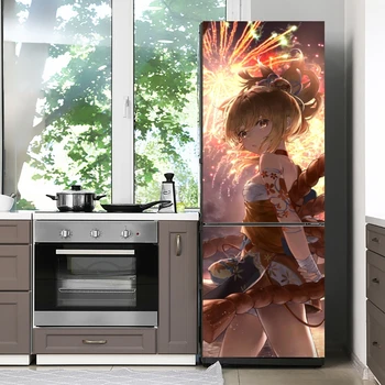  Yoimiya-Genshin Ударные Наклейки Дверная Крышка Холодильник Обои Клейкая Морозильная Камера Виниловая Пленка Декор Забавная Наклейка Художественная Роспись Кухня