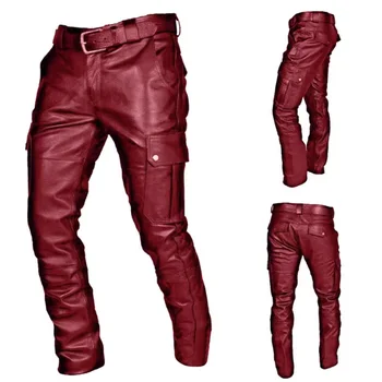  Новые мужские кожаные брюки, черные / красные / коричневые, модные мужские повседневные брюки для танцевальных вечеринок, большой размер 5XL