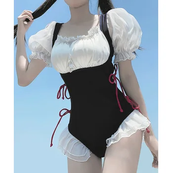  Японский милый купальник горничной 2023 года, новый модный консервативный цельный женский купальник для горячих источников, праздничная пляжная одежда