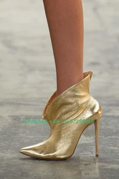  Женские золотые ботильоны, пикантные ботильоны, однотонные модальные ботинки с Т-образным вырезом на высоком каблуке, золотые зеркальные ботинки большого размера, пикантные вечерние туфли с острым носком