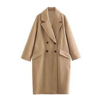  Женское шерстяное пальто, двубортное, ветровка средней длины, с длинным рукавом, карманами с клапанами, Модная куртка, осень, зима