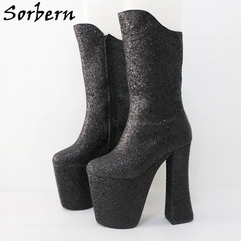  Sorbern Пользовательские ботинки трансвестита Женские фетиш-сапоги до середины икры на высоком каблуке 17 см в стиле унисекс, разноцветные, размер до 48