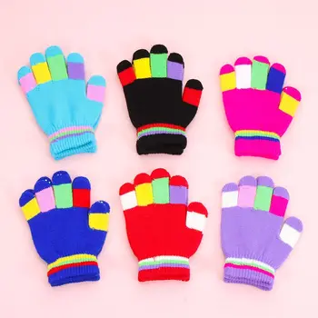  Зимние вязаные перчатки для девочек и мальчиков 5-8 лет, теплые противоскользящие варежки с полными пальцами, перчатки для детей