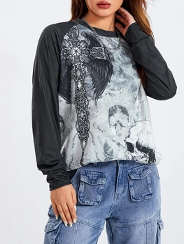  Женские топы с длинными рукавами, винтажный Круглый вырез, принт Черепа, свободные рубашки в стиле Гранж, пуловер, уличная одежда Harajuku Y2K