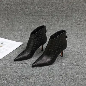  FHANCHU/ 2023, Европейские Ботильоны на высоком каблуке, Осенне-зимняя женская обувь, Короткие Ботинки, Zapatos Para Mujeres, Молния сзади, Черный, Прямая поставка